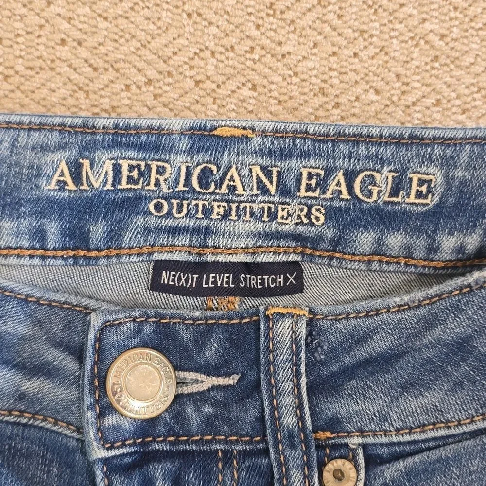 American Eagle Distressed Crochet Pocket High Rise Stretch Jean Shorts - Size 2